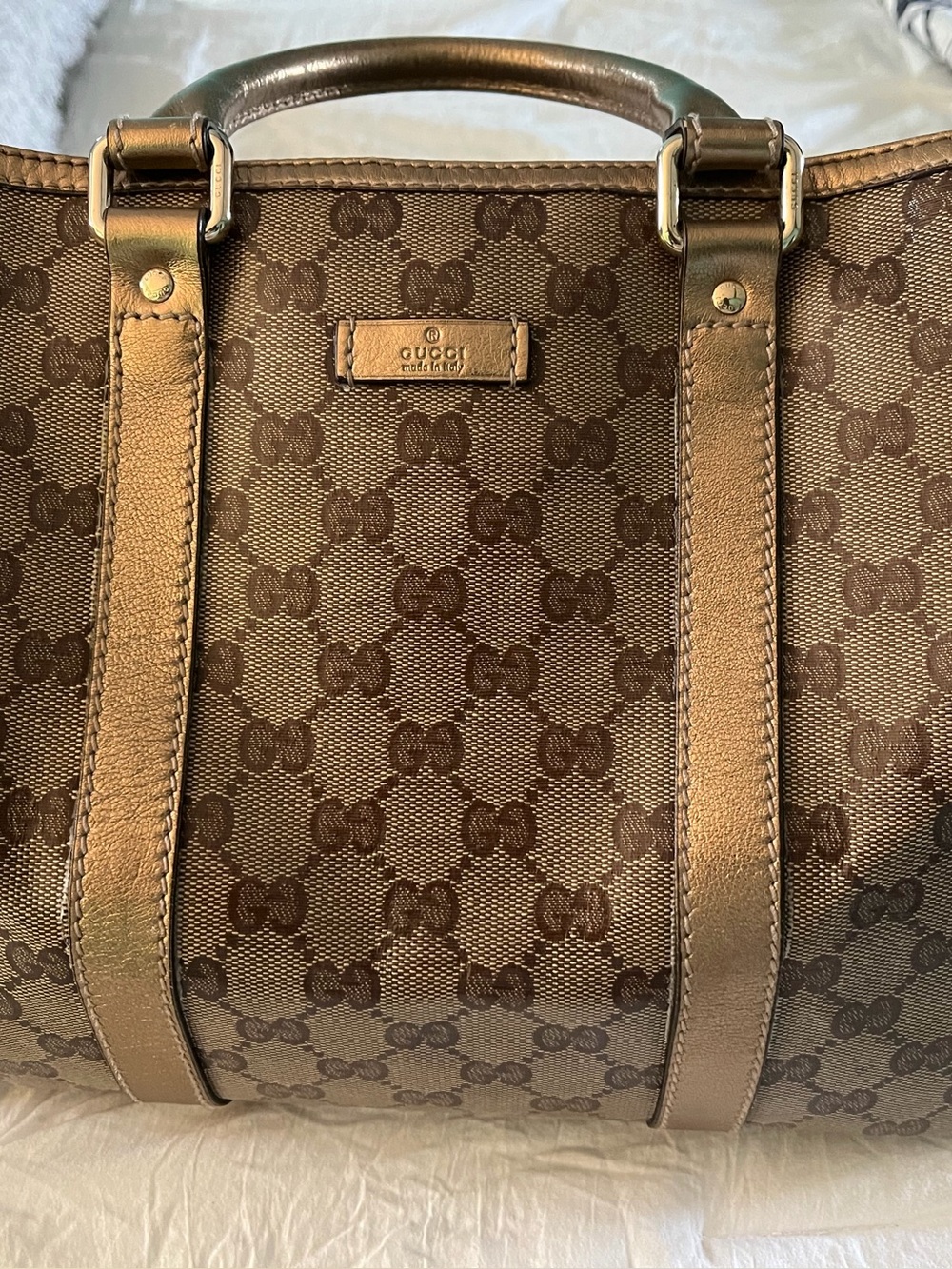 Gucci Boston Bag Bronze Monogram Satchel with Metallic Trim